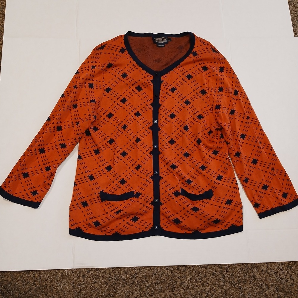Pendleton Women XL Petite Cardigan Plaid Button Crew Neck Sweater Coral Blue